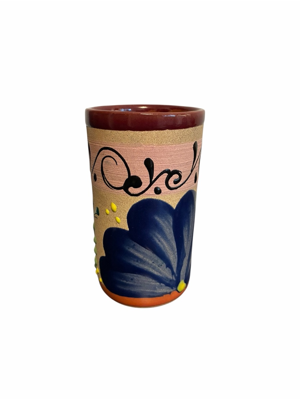 Hand-Painted Blue Floral Ceramic Vase - Pink & Burgundy Accent